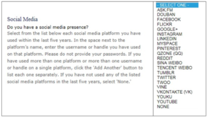 Social Media question image from Online DS-160 Application for Non-Immigrant Visa